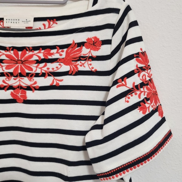 Kate Spade Broome Street Black White Striped Embroidered Ruffle Hem Top Size Lg - Picture 2 of 8